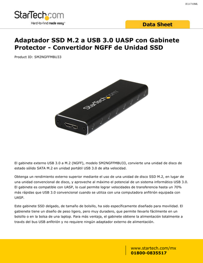 GABINETE STARTECH ADAPTADOR SSD M.2 A USB 3.0 UASP CON GABINETE PROTECTOR-CONVERTIDOR NGFF DE UNIDAD SSD - 1 x BAHIA TOTAL-SOPORTE UASP-SERIA ATA/600 - USB 3.0