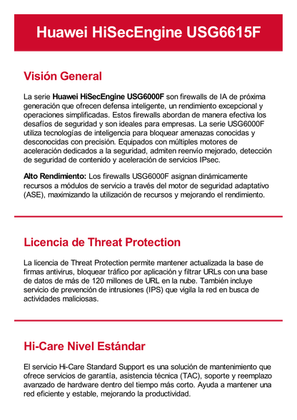 Firewall HUAWEI HiSecEngine de 15 Gbps para Empresas Grandes. Incluye Licencias por 1 Año de Threat Protection (AV, IPS, URL) y Licencia N1