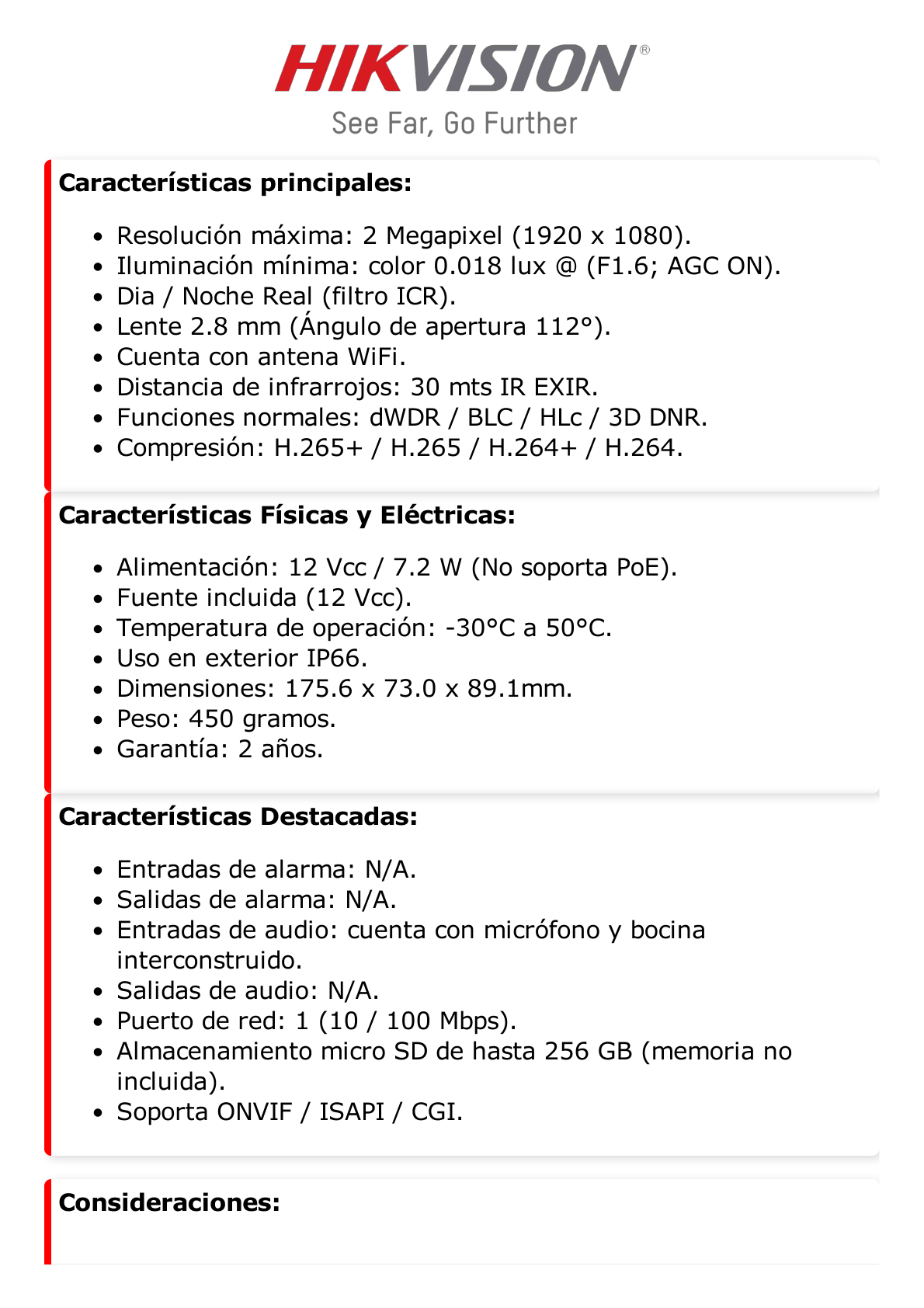 Bala IP 2 Megapixel / Lente 2.8 mm / 30 mts IR / Exterior IP66 / Wi-Fi / dWDR / H.265+ / Micrófono y Bocina Interconstruido /  MicroSD