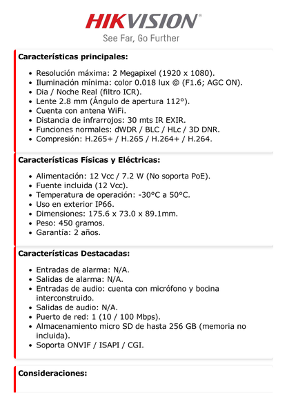 Bala IP 2 Megapixel / Lente 2.8 mm / 30 mts IR / Exterior IP66 / Wi-Fi / dWDR / H.265+ / Micrófono y Bocina Interconstruido /  MicroSD