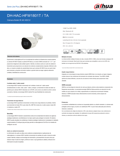 Camara Dahua DH-HAC-HFW1801TN-A-0280B bullet 4k 8 mpx lente 2.8mm IR 30 m metalica exterior microfono incluido IP67