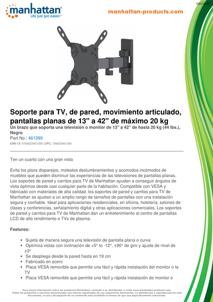 SOPORTE MANHATTAN PARA TV 13 A 42 PULG PARED 20KG ARTICULADO UN BRAZO 461399