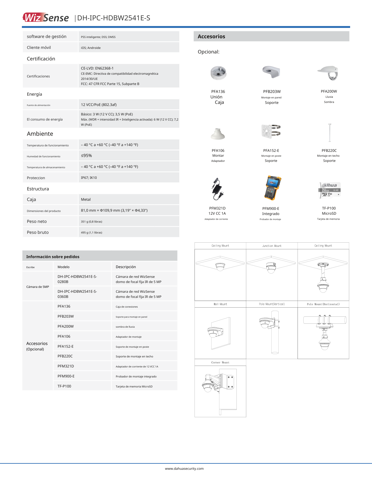 Camara Dahua DH-IPC-HDBW2541E-S IP domo 5 mpx lente 2.8 mm IR 30 m metalica audio 111 gds apertura microfono PoE IP67