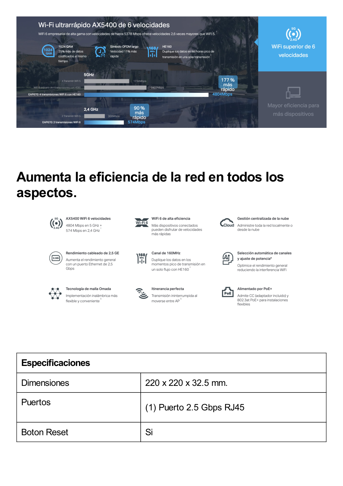 Punto de Acceso Omada / Wi-Fi 6 AX5400 MU-MIMO 4x4 /  Mesh Omada / Alta Densidad de Usuarios / Configuración por Controlador o Stand-Alone / Para Montaje en Techo/pared / Alimentación PoE+