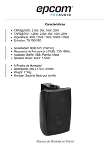 Altavoz de Pared de 2 vías | Woofer 4in + 1.5in  | 70/100V y 8 ohms | 1.25W-2.5W-5W-10W-20W | 86dB de Sensibilidad | A prueba de Humedad | Compatible con Sistemas de Alta y Baja Impedancia