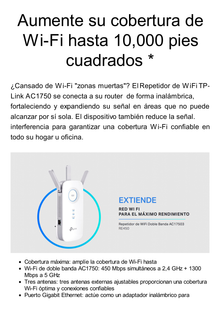 Repetidor / Extensor de Cobertura WiFi AC, 1750 Mbps, doble banda 2.4 GHz y 5 GHz, con 1 puerto 10/100/1000 Mbps, 3 antenas externas