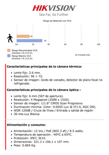 Bala IP Dual / Térmica 2.6 mm (96 x 72) / Óptico 6 mm (4 Megapixel) / Detección de Intrusión por VCA 30 mts /30 mts Luz Blanca / Exterior IP67 / PoE / Sirena y Luz Intermitente Integrada / Micro SD / ColorVu y ACUSENSE