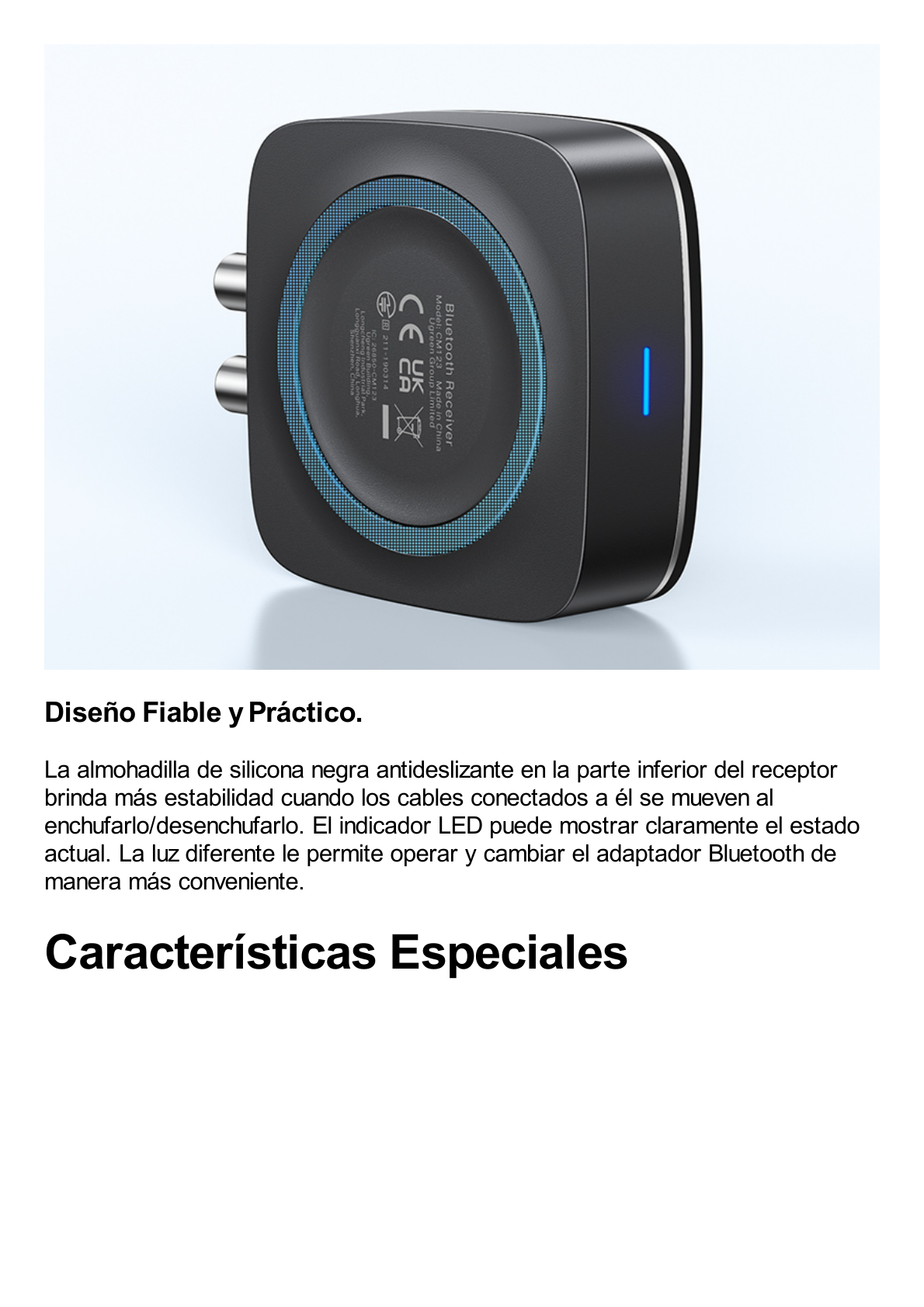 Receptor de Audio Bluetooth 5.0 a RCA o Auxiliar 3.5mm / Tecnología EDR / Reconexión Automática / Hasta 10 m / Ideal para Conectar Celulares, o Tabletas hacia alguna Bocina o Sistema de Audio