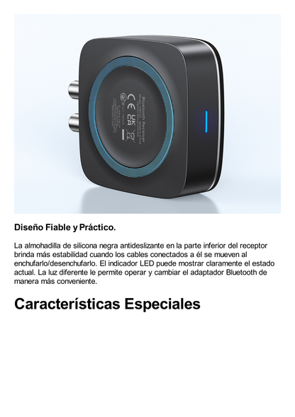 Receptor de Audio Bluetooth 5.0 a RCA o Auxiliar 3.5mm / Tecnología EDR / Reconexión Automática / Hasta 10 m / Ideal para Conectar Celulares, o Tabletas hacia alguna Bocina o Sistema de Audio