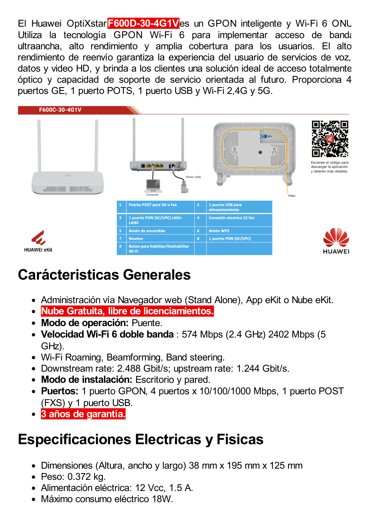 HUAWEI MiniFTTO - ONU Wi-Fi 6 doble banda / 2.976 Gbps / 4 puertos 10/100/1000 Mbps + 1  GPON (SC/UPC) + 1 puerto POST / Downstream 2.488 Gbps / Upstream 1.244 Gbps / Ganancia de Antena 5dBi / Beamforming / Roaming / MIMO 2X2 / Administración Nube