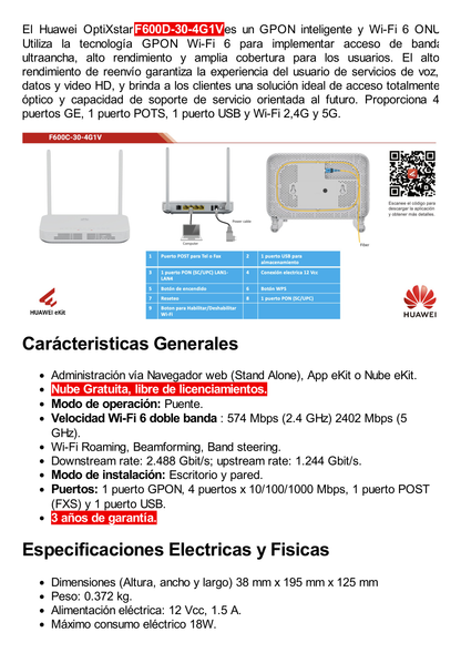 HUAWEI MiniFTTO - ONU Wi-Fi 6 doble banda / 2.976 Gbps / 4 puertos 10/100/1000 Mbps + 1  GPON (SC/UPC) + 1 puerto POST / Downstream 2.488 Gbps / Upstream 1.244 Gbps / Ganancia de Antena 5dBi / Beamforming / Roaming / MIMO 2X2 / Administración Nube