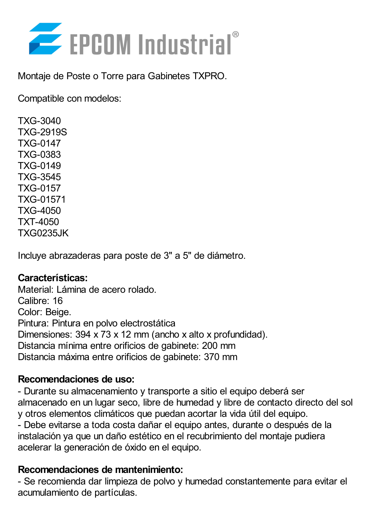 Montaje de Poste o Torre para Gabinetes TXPRO (Ver compatibilidad).