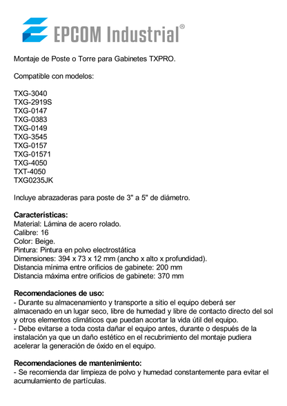 Montaje de Poste o Torre para Gabinetes TXPRO (Ver compatibilidad).