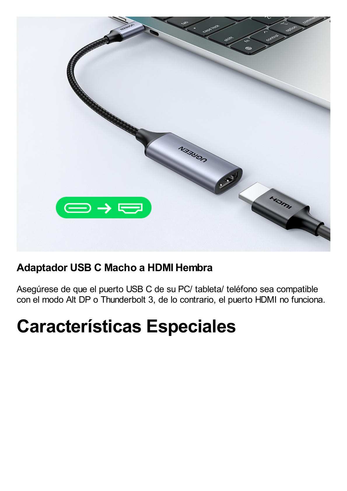 Cable Adaptador USB C a HDMI 4K@60Hz / Convertidor Thunderbolt 3 / Caja de Aluminio / HDMI V2.0 / 3D / Longitud del cable 10cm