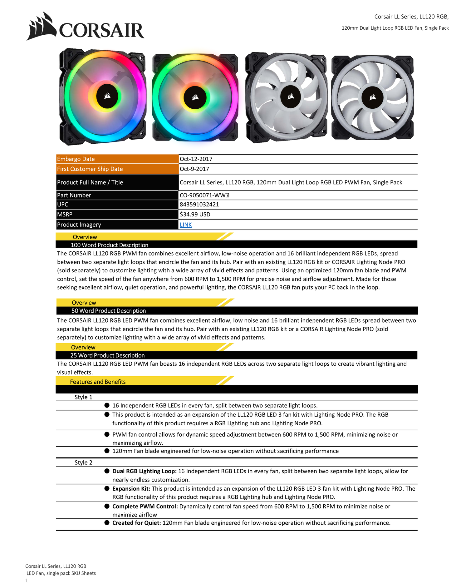 Ventilador Corsair LL120 RGB LED PWM con doble bucle de luz de 120mm paquete sencillo