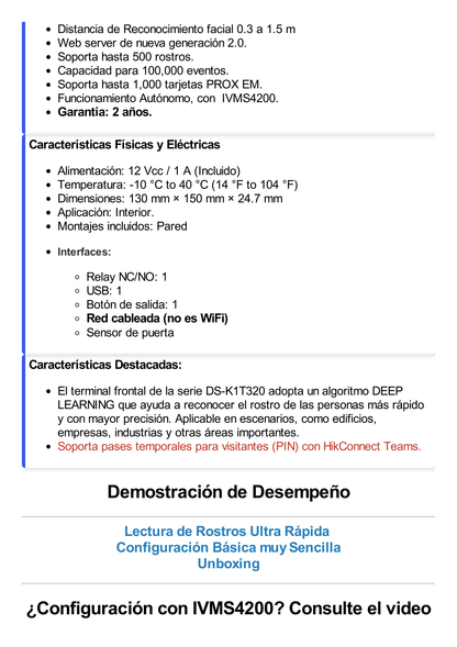 Terminal Facial Min Moe Administrable por Smartphone o Nube /  Acceso y Asistencia / Lector PROX EM  /  500 rostros / Detección de Cubrebocas / HikConnect / Reconocimiento a 1.5 mts de distancia