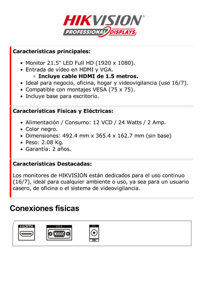 Monitor LED Full HD (1920 X 1080) de 21.5" / Ideal para CCTV, Oficina y Hogar / Entrada HDMI-VGA / Montaje VESA (75 X 75) / Uso 16/7 / Backlight E-LED / Ultra Delgado