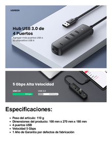 HUB USB-A 3.0 4 en 1 | 4 Puertos USB-A 3.0 (5Gbps) | Cable de 25 cm | Indicador Led | Ideal para Transferencia de Datos | Entrada USB-C para alimentar equipos de mayor consumo como discos duros | Color Negro.