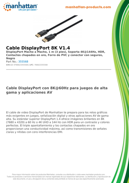 Cable Manhattan negro DisplayPort v1.4 M-M 1.0m 8K60Hz