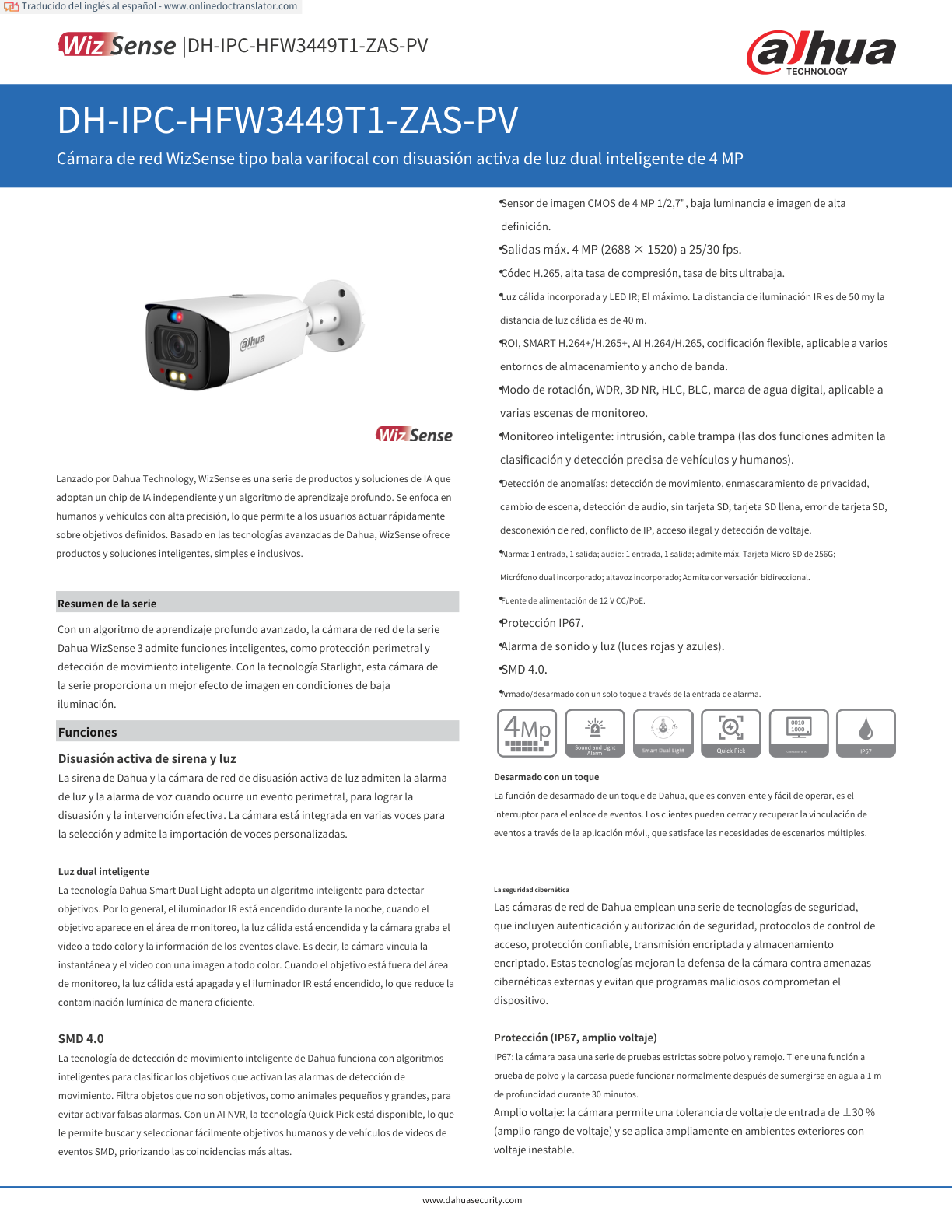 Camara Dahua DH-IPC-HFW3449T1-ZAS-PV ip bullet 4 mpx lente varifoca IR 50 m plastico exterior audio bidireccional ip67