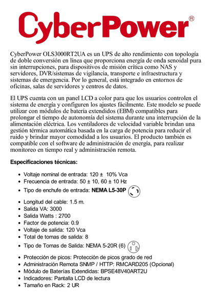 UPS Smart App Online S de 3000 VA/2700 W, Online Doble Conversión, Entrada 120 Vca NEMA L5-30P, Onda Senoidal Pura, Rack o Torre de 2 UR, Con 6 Tomas NEMA 5-20R