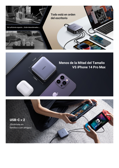 Cargador de escritorio de 65W | 4 Puertos de Carga Rápida | 2 USB-C | 2 USB-A | Tecnología GaN II +SIC | Power Delivery 3.0 | Quick Charge 4.0 | Chip Confiable y Carga Inteligente | Optimiza la Experiencia de Carga.