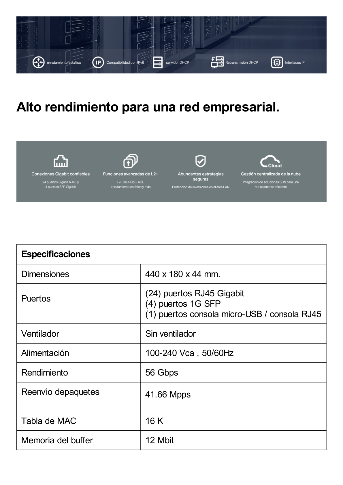 Switch Omada SDN Administrable / 24 puertos Gigabit y 4 puertos SFP / Funciones sFlow, QinQ y QoS / Administración centralizada OMADA