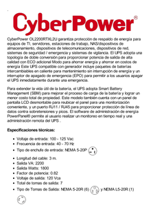 UPS de 2200 VA/1800 W, Online Doble Conversión, Entrada 120 Vca NEMA 5-20P, Onda Senoidal Pura, Rack o Torre de 2 UR, Con 6 NEMA 5-20R y 1 NEMA L5-20R