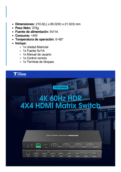 Matricial 4x4 HDMI | 4K@60Hz | Soporta HDR10 | Configuración EDID | Múltiples Modos de Conmutación