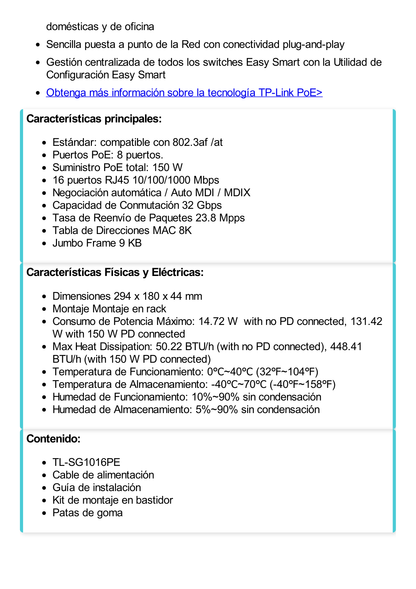 Switch Easy Smart PoE+, 16 puertos 10/100/1000Mbps, 8 puertos PoE+, 150W