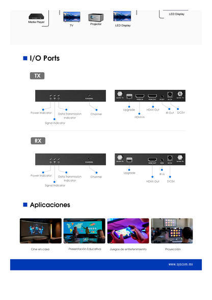 Kit Extensor Inalámbrico | 4K@60Hz | IP Color Stream| Transmisión hasta 50m | Salida Loop | IR |
