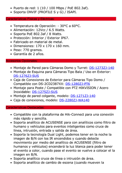 [Dual Light + ColorVu] Turret IP 8 Megapixel / Lente 2.8 mm / 40 mts IR + 40 mts Luz Blanca /  Microfono Integrado / Exterior IP67 /   WDR 130 dB / Videoanaliticos (Filtro de Falsas Alarmas) / Captura Facial / ACUSEARCH