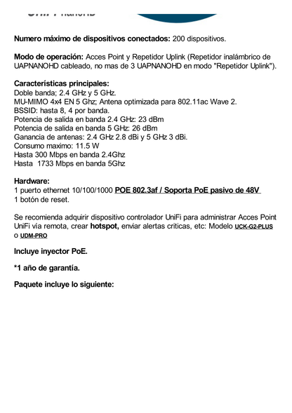 Access Point UniFi 802.11ac Wave 2,  MU-MIMO4X4 con antena Beamforming, hasta 1.7 Gbps, para interior PoE 802.3af, soporta 200 clientes, incluye PoE