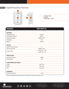 Supresor de picos pared Smartbitt SBSS-BW6-3U 6 NEMA 5-15R 1 x USB-C 5V-3A y 4 x USB-A 5V-2.4A material retardante contra fuego