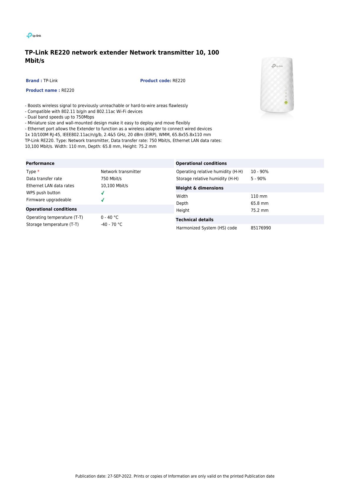 Extensor de rango inalámbrico TP-Link RE220 AC750 doble banda 1 puerto RJ45 10/100M