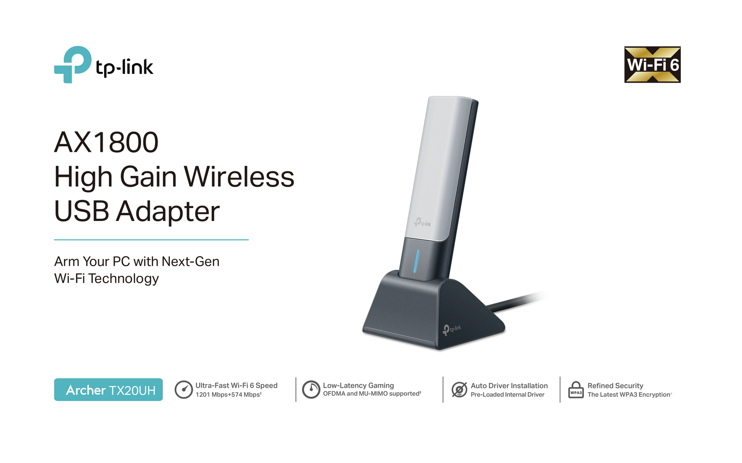 Adaptador inalámbrico Wi-Fi 6 USB 3.0 TP-Link Archer TX21UH AX1800 MU-MIMO OFDMA antena 180 grados de alto alcance