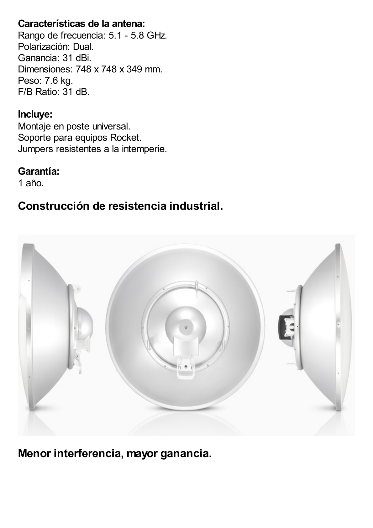 Antena Direccional RocketDish airMAX AC, ideal para enlaces Punto a Punto (PtP), frecuencia 5 GHz (5.1 - 5.8 GHz) de 31 dBi