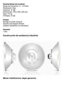 Antena Direccional RocketDish airMAX AC, ideal para enlaces Punto a Punto (PtP), frecuencia 5 GHz (5.1 - 5.8 GHz) de 31 dBi