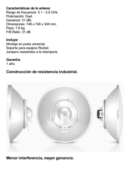 Antena Direccional RocketDish airMAX AC, ideal para enlaces Punto a Punto (PtP), frecuencia 5 GHz (5.1 - 5.8 GHz) de 31 dBi