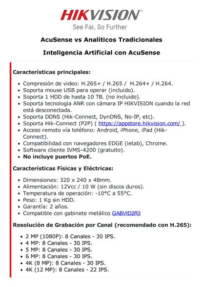 NVR 12 Megapíxel (4K) / 8 canales IP / AcuSense (Evita Falsas Alarmas)  / Reconocimiento Facial / 1 Bahía de Disco Duro / HDMI en 4K / Sin Puertos PoE