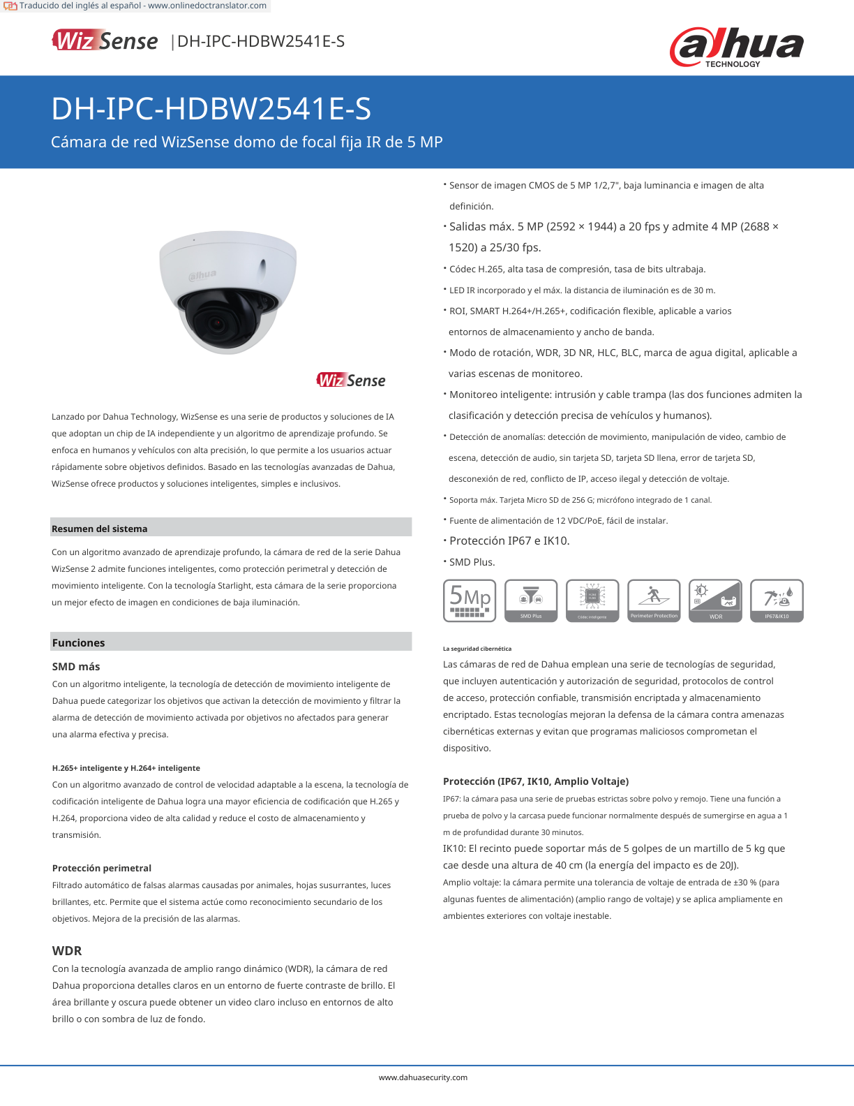 Camara Dahua DH-IPC-HDBW2541E-S IP domo 5 mpx lente 2.8 mm IR 30 m metalica audio 111 gds apertura microfono PoE IP67