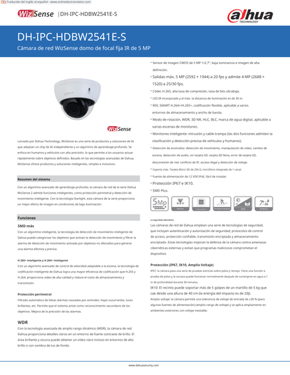 Camara Dahua DH-IPC-HDBW2541E-S IP domo 5 mpx lente 2.8 mm IR 30 m metalica audio 111 gds apertura microfono PoE IP67