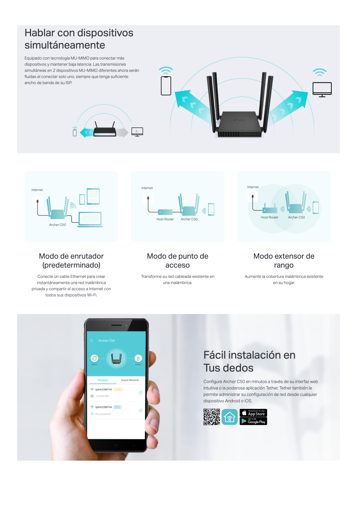 Router Inalámbrico doble banda AC, 2.4 GHz y 5 GHz Hasta 1200 Mbps, 4 antenas externas omnidireccional, 4 Puertos LAN 10/100 Mbps, 1 Puerto WAN 10/100 Mbps, Versión 6