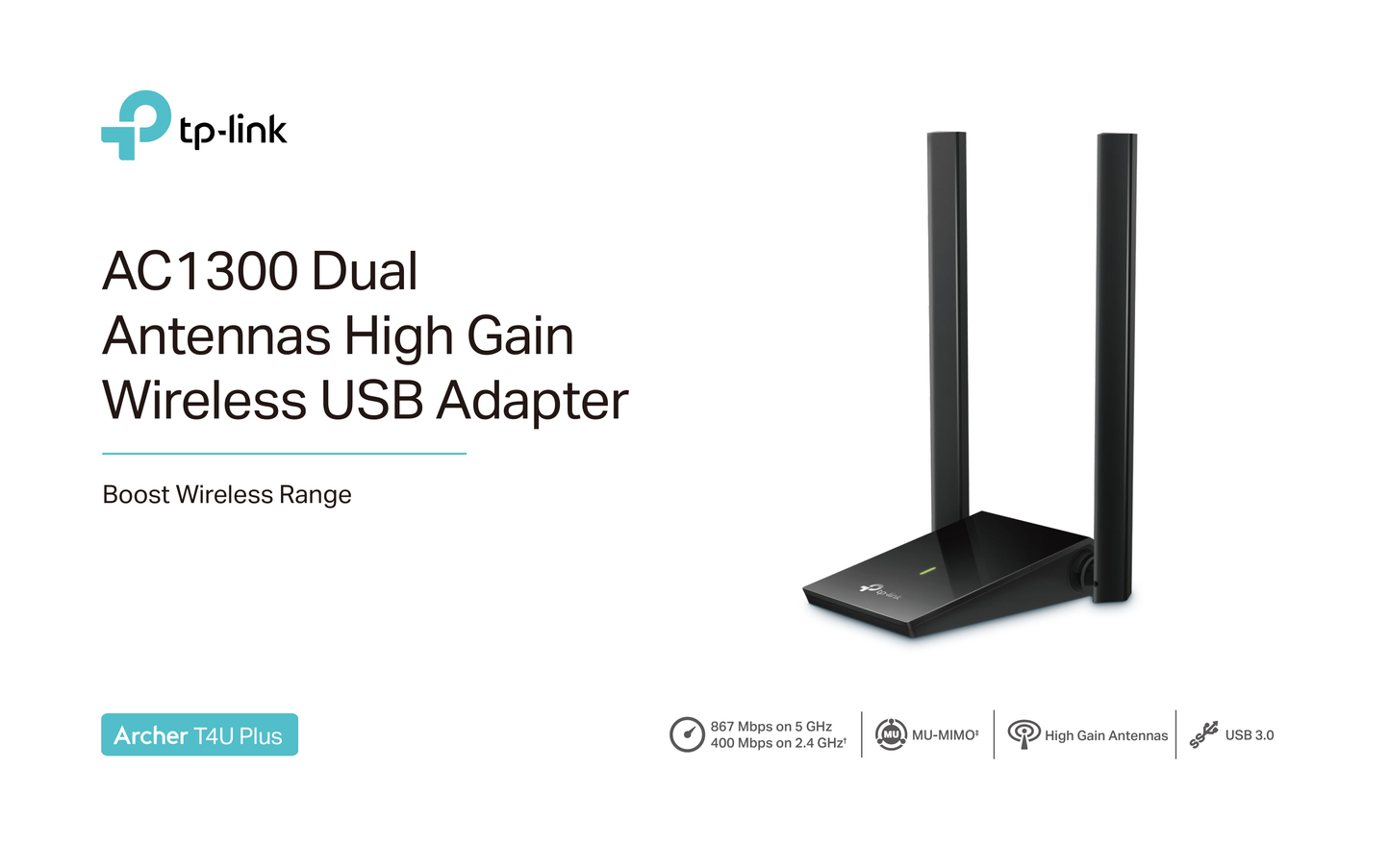 Adaptador inalámbrico USB 3.0 TP-Link ArcherT4U Plus AC1300 con 2 antenas de alta ganancia 5dBi ajustables