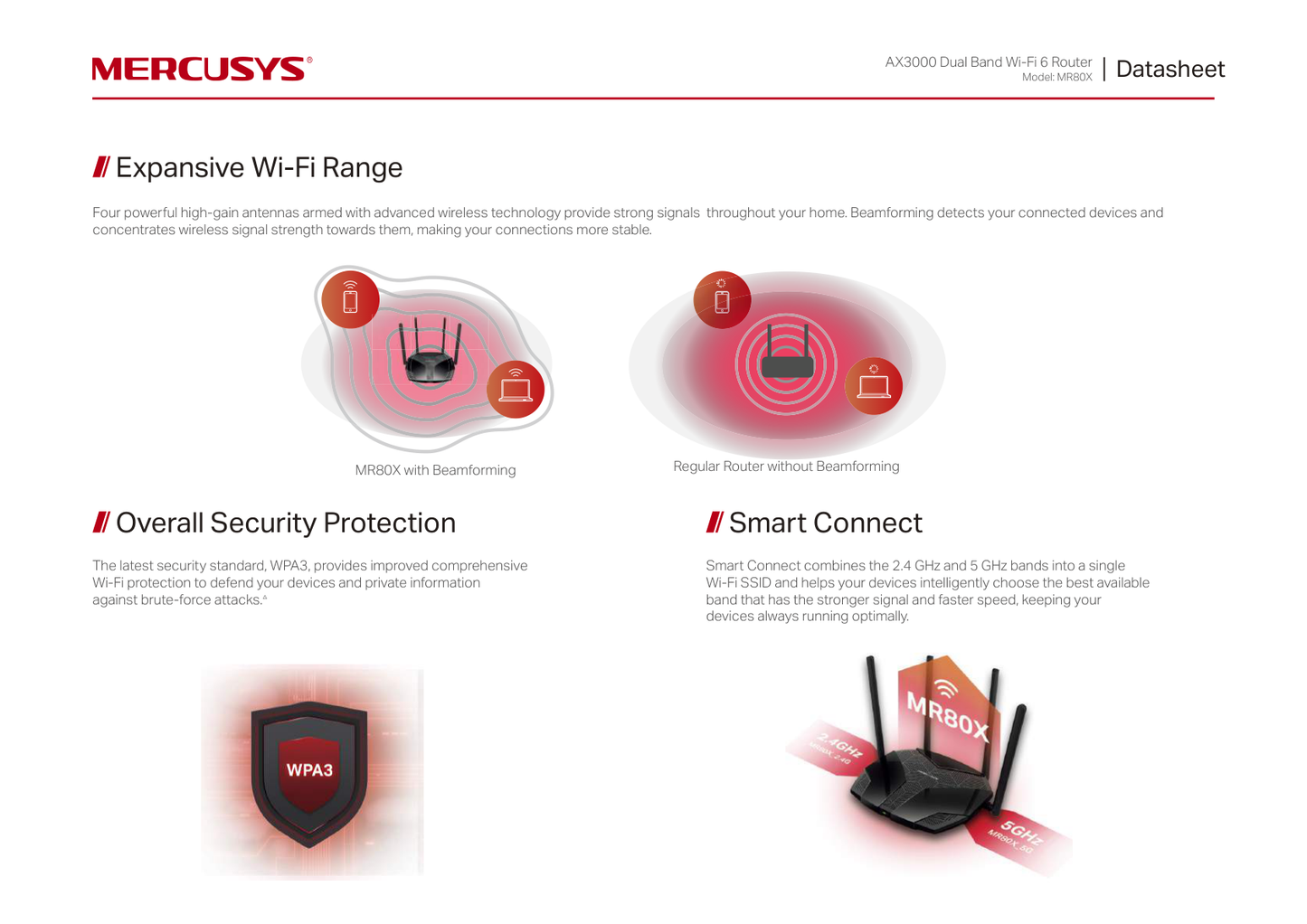 Router Wi-Fi 6 Mercusys MR80X AX3000 MU-MIMO OFDMA 1x RJ45 WAN y 3x RJ45 LAN gigabit 4 antenas 5dBi modo AP SmartConnect