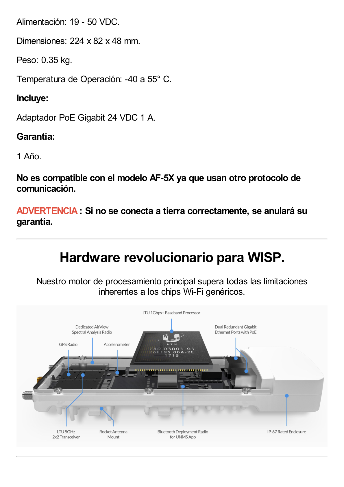 Airfiber Radio Backhaul conectorizado de alta capacidad, con tecnología LTU airFiber hasta 1 Gbps, 5 GHz (4.8 - 6.2 GHz), No hay compatibilidad con AF-5X