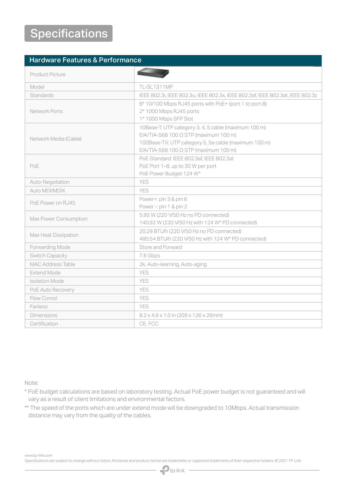 Switch TP-Link TL-SL1311MP no administrable 8 puertos 10/100 PoE+ 802.3af/at max. 124W y 3 puertos gigabit (2 x RJ45 y 1 x SFP/combo)