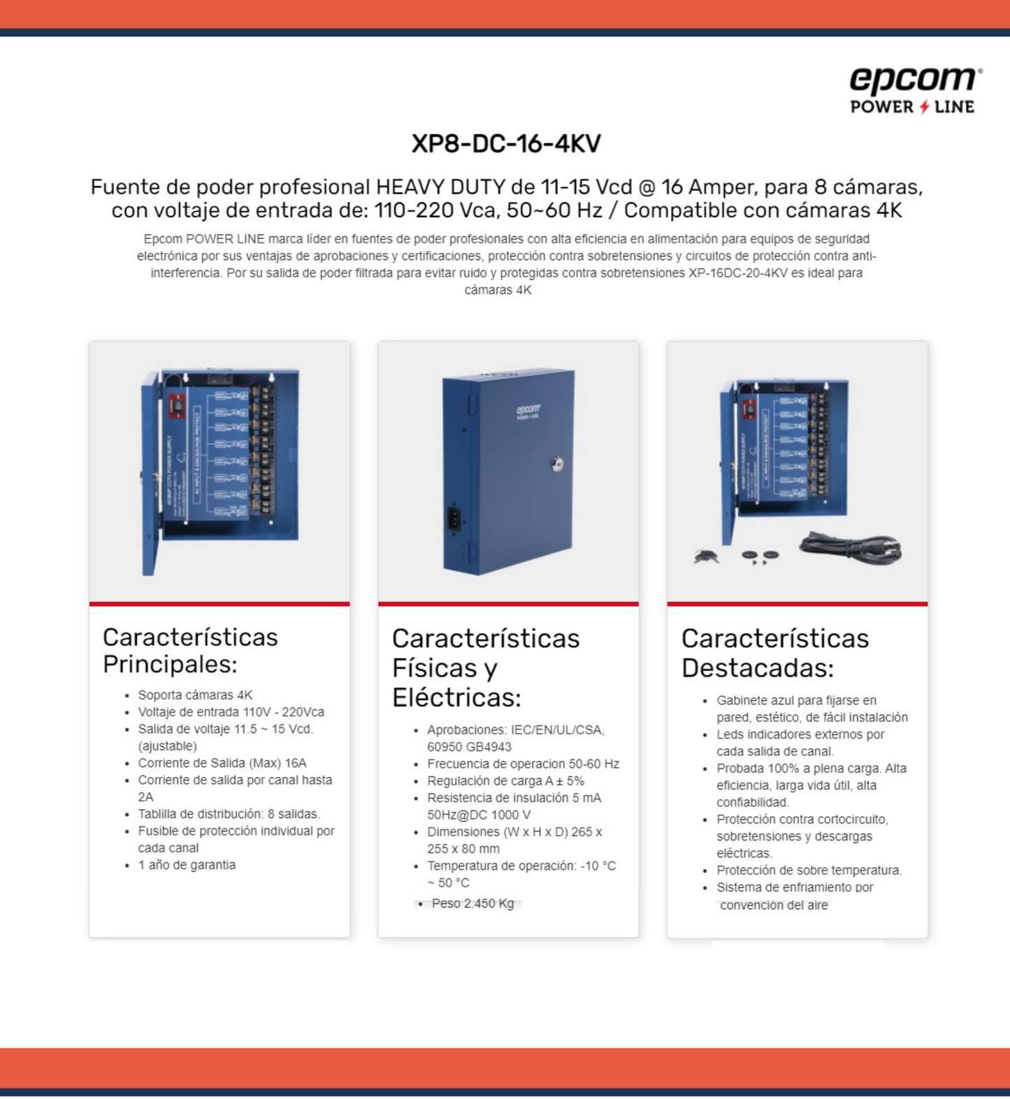 EPCOM FUENTE DE PODER PROFESIONAL HEAVY DUTY DE 11-15 VCD @ 16 AMPER PARA 8 CAMARAS CON VOLTAJE DE ENTRADA DE 110 - 220 VCA