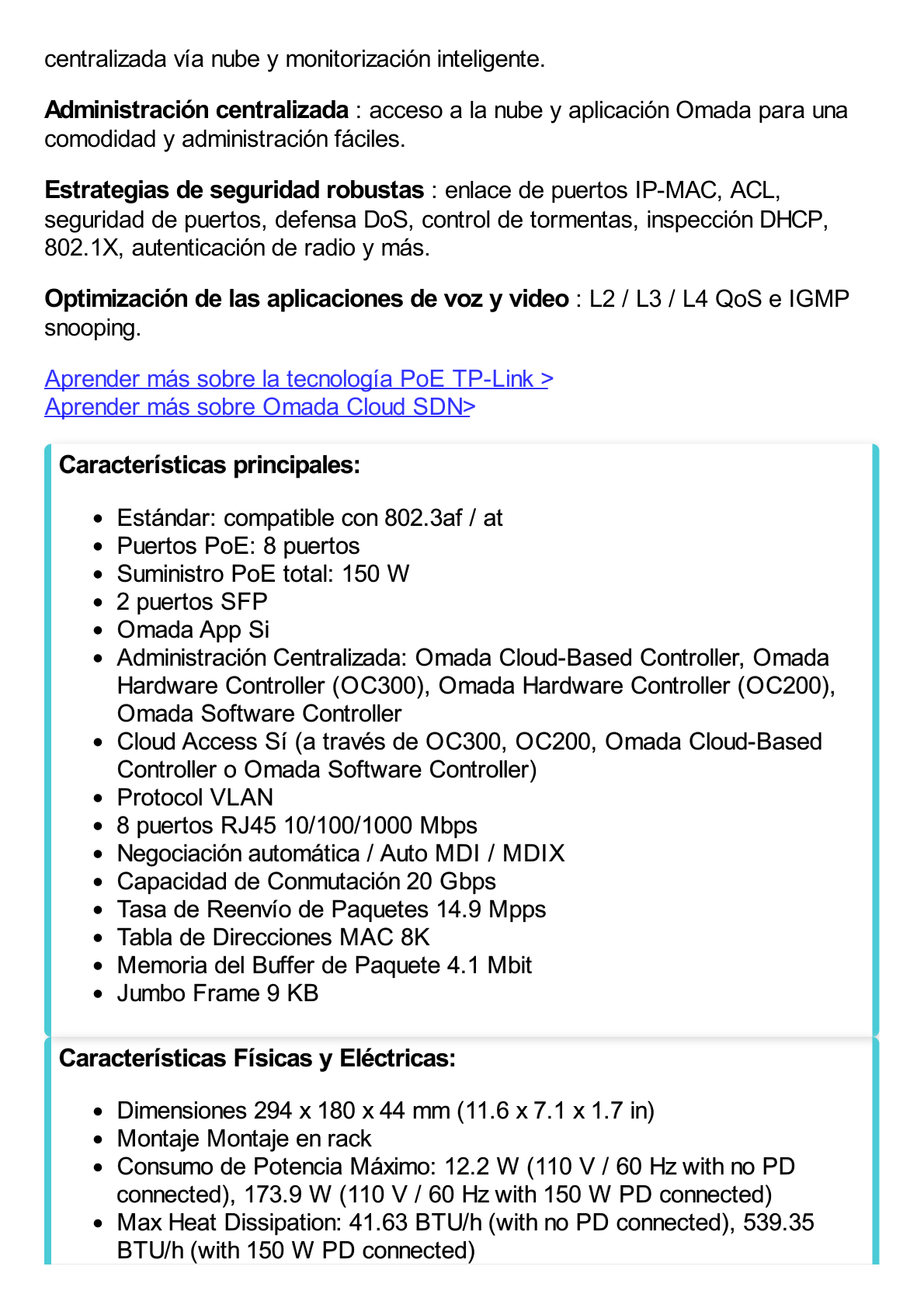 Switch PoE JetStream SDN Administrable 8 puertos 10/100/1000 Mbps + 2 puertos SFP, 8 puertos PoE, 150W, administración centralizada OMADA SDN