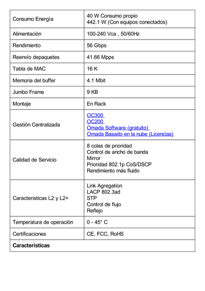 Switch L2+ Omada PoE+ / 24 Puertos PoE+ 10/100/1000 Mbps / 4 Puertos SFP 1G / 2 Puertos Consola (RJ45 y microUSB) / Administración Centralizada Omada o Stand-Alone / Multicast IGMP / Calidad de Servicio / Presupuesto PoE 384W / Montaje en Rack